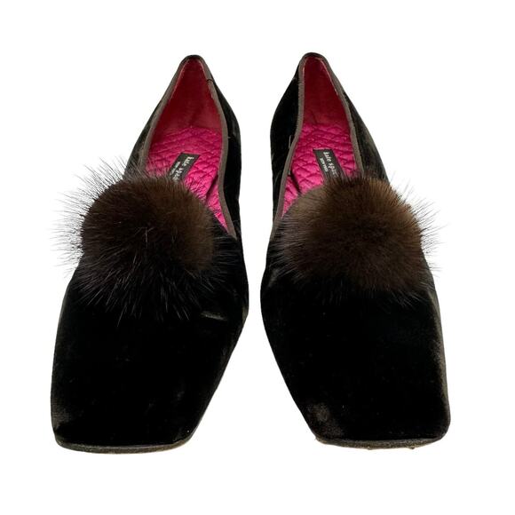 Kate Spade New York Tryst Brown Velvet Soft Pom Pom Pouf Square Toe Pumps - Picture 3 of 10